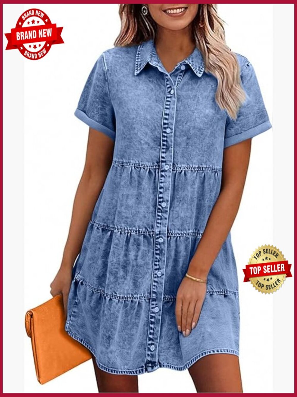 Button Down Short Sleeve Denim Dress Casual Summer